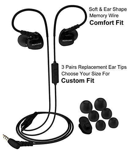 ROVKING Sport Wired Headphones for Running, Gym, Workouts, and Exercise (Over Ear, Noise Isolating Earhook Earbuds, Mic, Black, Model XF-122)