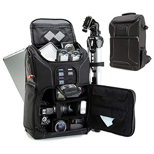 USA GEAR DSLR Camera Backpack Case with 15.6" Laptop Compartment, Padded Dividers, Tripod Holder, Rain Cover and Storage Pockets - Long-Lasting Durability (Black)