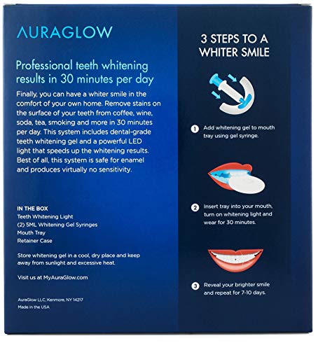 AuraGlow Teeth Whitening Kit with LED Light, (2) 5ml 35% Carbamide Peroxide Gel Syringes, Tray and Case