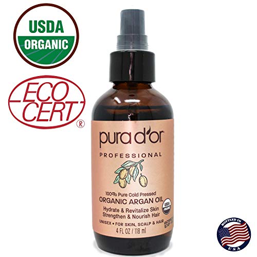 PURA D'OR Organic Moroccan Argan Oil (4oz / 118mL) USDA Certified 100% Pure Cold Pressed Virgin Premium Grade Moisturizer for Dry and Damaged Skin, Hair, Face, Body, Scalp and Nails