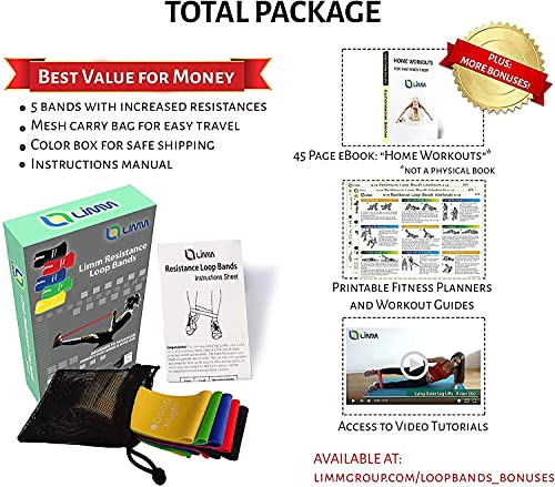Limm Resistance Loop Exercise Bands Set (5) - Includes Instruction Guide and Carry Bag - Home Workouts (12" x 2")