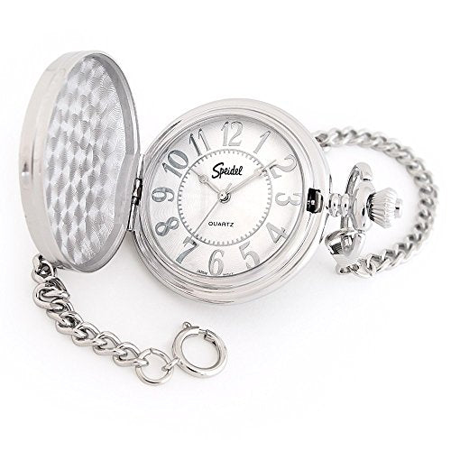 Speidel Classic Smooth Pocket Watch with 14" Chain and White Dial in Gift Box (Engravable).