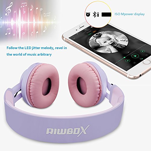 Riwbox WT-7S Foldable Wireless Bluetooth Headset with Microphone, Volume Control, and Light-Up Functionality (Purple) for PC, Cell Phones, TV, and iPad