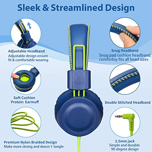 POWMEE M2 Kids Wired Foldable Stereo Headphones with Adjustable Headband, 3.5mm Jack, Tangle-Free Cord (Blue)