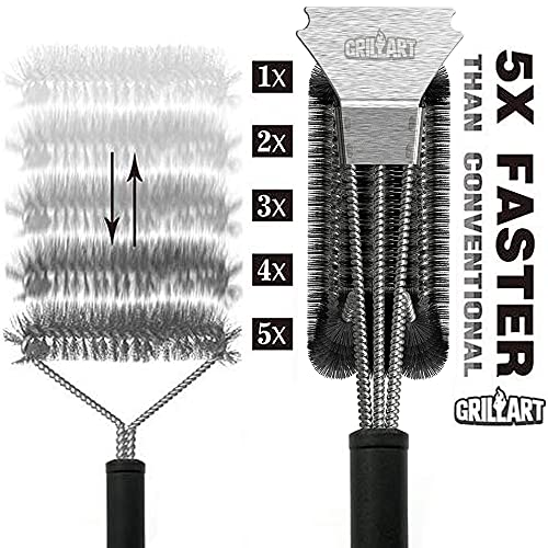 GrillArt Grill Cleaning Brush and Scraper, 18" Stainless Steel Woven Wire (3 in 1 Bristles), Best BBQ Brush for Grills