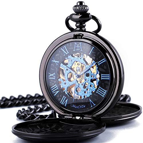ManChDa Mechanical Roman Numeral Dial Skeleton Pocket Watch with Box and Chain (for Men & Women)