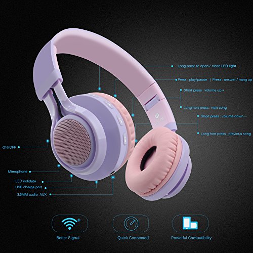 Riwbox WT-7S Foldable Wireless Bluetooth Headset with Microphone, Volume Control, and Light-Up Functionality (Purple) for PC, Cell Phones, TV, and iPad