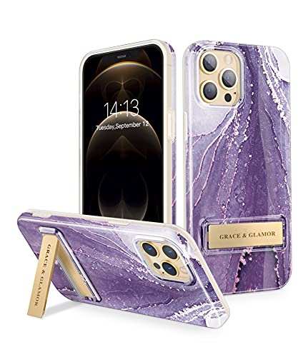 GViewin iPhone 12 Pro Max Case with 3-Way Stand, Marble Slim Glossy Shockproof Protective Hard Cover (Frosted Dew/Purple)