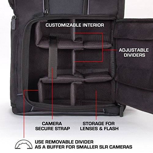 USA GEAR DSLR Camera Backpack Case with 15.6" Laptop Compartment, Padded Dividers, Tripod Holder, Rain Cover and Storage Pockets - Long-Lasting Durability (Black)