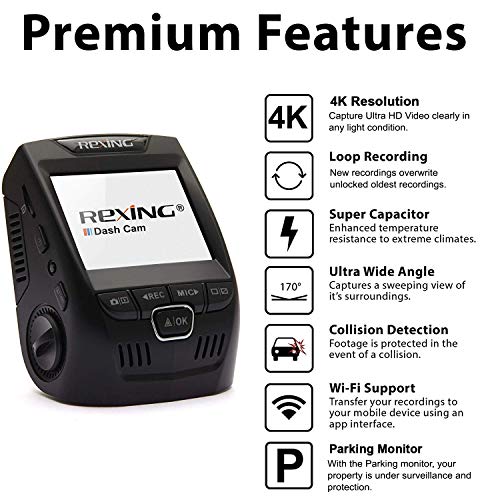 Rexing V1 4K Ultra HD Car Dash Cam with 2.4" LCD Screen, Wi-Fi, 170° Wide Angle, G-Sensor, WDR, Loop Recording, Supercapacitor, Mobile App (256GB Supported)