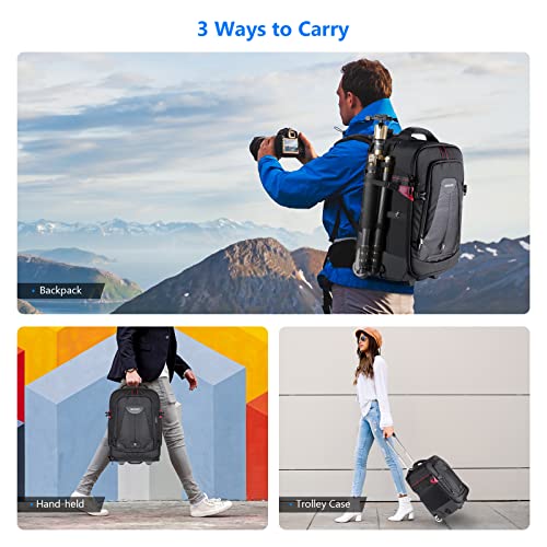 Neewer 2-in-1 Rolling Camera Backpack Trolley Case [Anti-Shock Detachable Padded Compartment, Hidden Pull Bar] - Durable and Waterproof for Camera, Tripod, Flash Light, Lens and Laptop for Air Travel (Black)