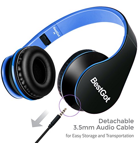BestGot Children's Headphones with Microphone, Volume Control and Removable Cord (Black/Blue)