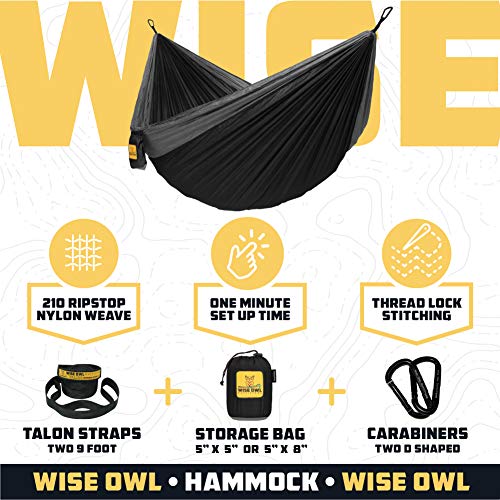 Wise Owl Outfitters Single and Double Hammocks for Camping or Travel - Lightweight & Portable Nylon (DO Black & Grey)