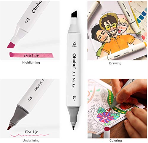 Ohuhu Alcohol Markers (40 Colors + 1 Blender + Case), Double-Tipped Art Markers for Kids & Adults, Chisel & Fine Tips, Ohuhu Oahu Series