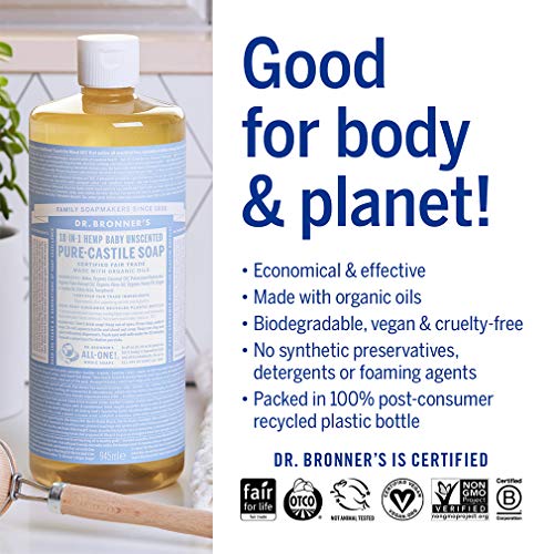 Dr. Bronners Baby Unscented Pure-Castile Liquid Soap (32 Oz.), Organic Oils, 18 Uses: Face, Hair, Laundry, Dishes, Sensitive Skin, Babies, No Fragrance, Vegan, Non-GMO