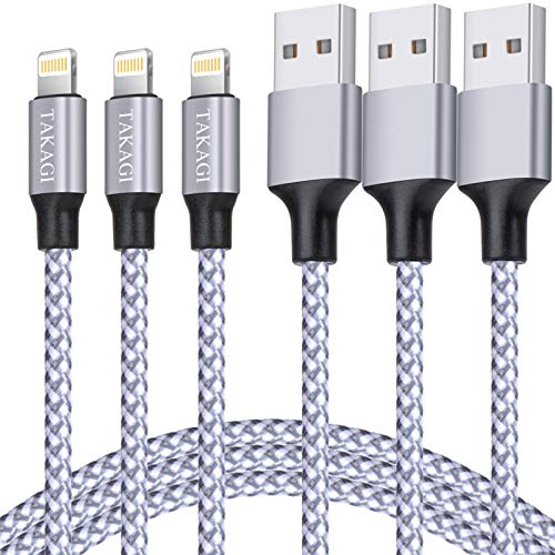 "TAKAGI 3PACK 6ft USB Charging Cable for iPhone 12/11 Pro Max/XS MAX/XR/XS/X/8/7/Plus/6S/6/SE/5S/iPad (Nylon Braided, High Speed Data Sync Transfer)"
