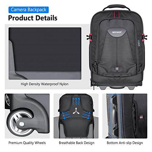 Neewer 2-in-1 Rolling Camera Backpack Trolley Case [Anti-Shock Detachable Padded Compartment, Hidden Pull Bar] - Durable and Waterproof for Camera, Tripod, Flash Light, Lens and Laptop for Air Travel (Black)