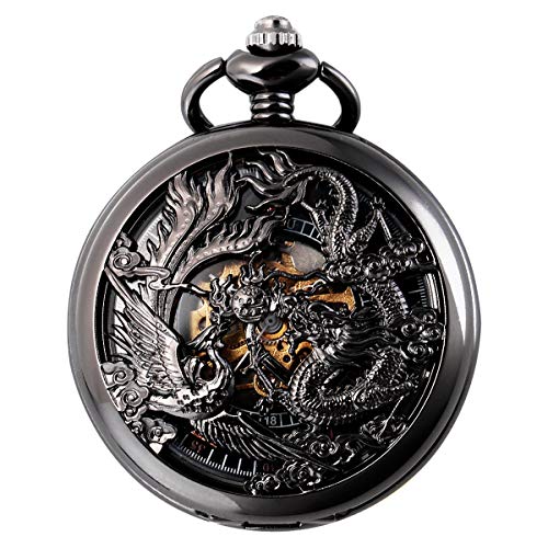 SIBOSUN Mechanical Mens' Pocket Watch with Phoenix & Dragon, Skeleton Mechanical Watch [Black & Antique Roman Numerals Box]