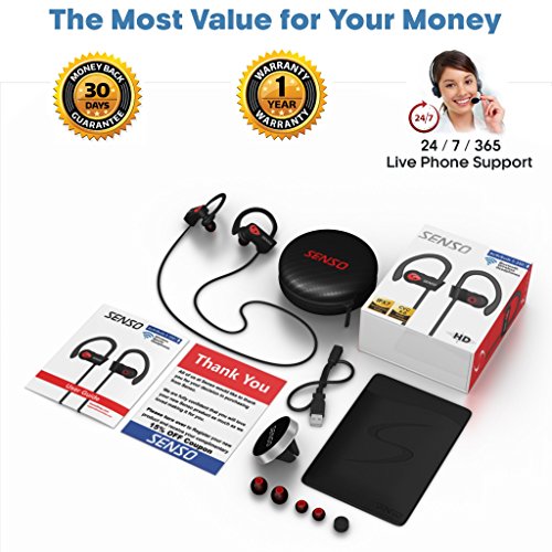 SENSO Wireless Sports Headphones with Microphone, IPX7 Waterproof HD Stereo (8 Hour Battery, Noise Cancelling)