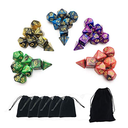 SmartDealsPro Double-Colored 5x7-Die Polyhedral Dice Set with Pouches [for D&D and Dungeons & Dragons]