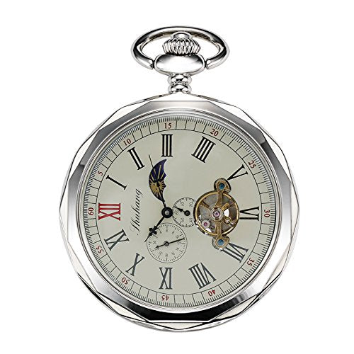 Treeweto Silver Mechanical Pocket Watch with Roman Numerals, Open Face, Chain, 24-Hour Moon and Sun Dial and Box