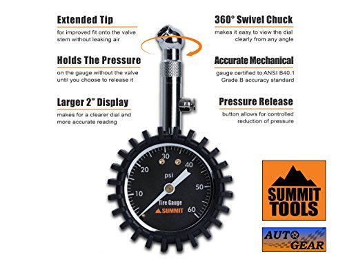 Summit Tools Tire Pressure Gauge with Glow Dial (0-60 PSI, Hold Valve, Pressure Bleeding Button, Rubber Head Cover) Automobile Accessory