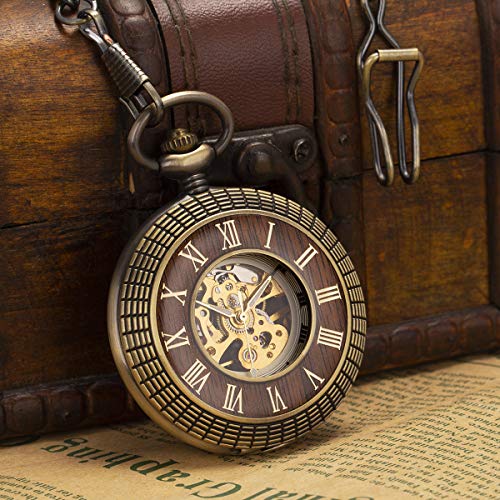 ManChDa Men's Wooden Look Luminous Skeleton Mechanical Pocket Watch with Chain (Model Number: Roman Numerals)