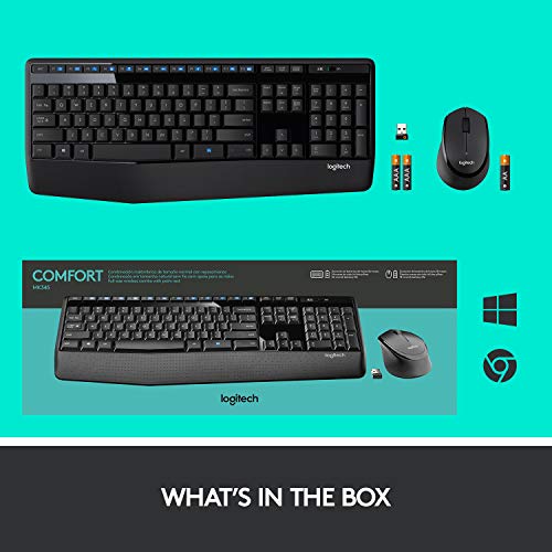 Logitech MK345 Wireless Keyboard & Mouse Combo - Full-Size, Palm Rest & Right-Handed Design - Black