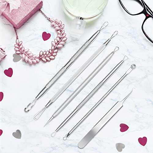 JPNK 6-Piece Comedones Extractor Acne Removal Kit (Blackhead Remover) for Popping Blemish, Whitehead, and Zit Removing on Nose and Face, Includes Leather Bag (Silver)