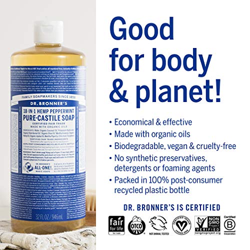 Dr. Bronner's Pure-Castile Liquid Soap Peppermint (32 oz) - Organic Oils, 18 Uses: Face, Body, Hair, Laundry, Pets, Dishes, Concentrated, Vegan, Non-GMO