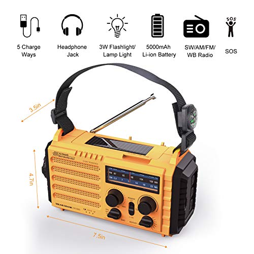 Raynic 5000mAh Solar & Hand Crank Emergency Weather Radio with AM/FM/SW/NOAA, 5W Power, Flashlight, Reading Lamp, Cellphone Charger & SOS Alarm (Yellow)