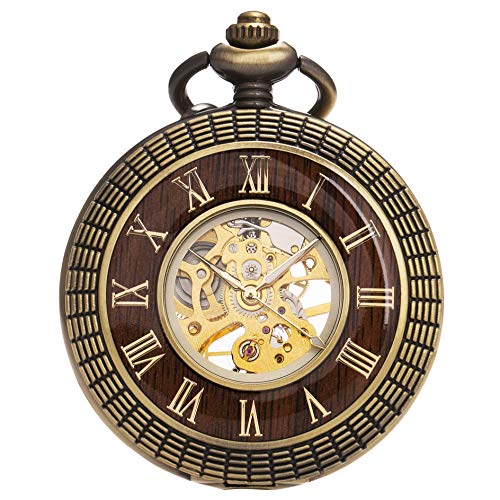 ManChDa Men's Wooden Look Luminous Skeleton Mechanical Pocket Watch with Chain (Model Number: Roman Numerals)