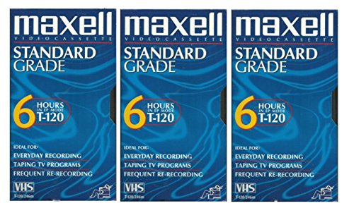 Maxell VHS Blank Tapes, 3-Pack Standard Grade (T-120, 6 Hours EP Mode, 246m).