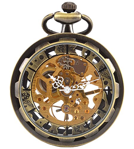Carrie Hughes Men's Open Face Skeleton Mechanical Pocket Watch with Bronze Tone Chain (CH397)