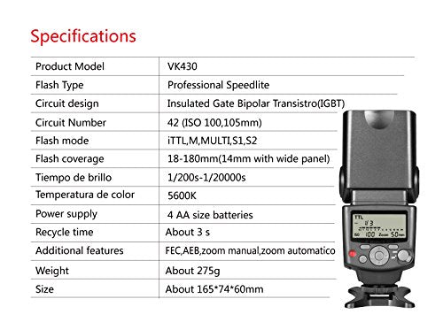 Voking VK430I Speedlite LCD Shoe Mount Flash for Nikon [TTL, Compatible with D3400 - D3100].