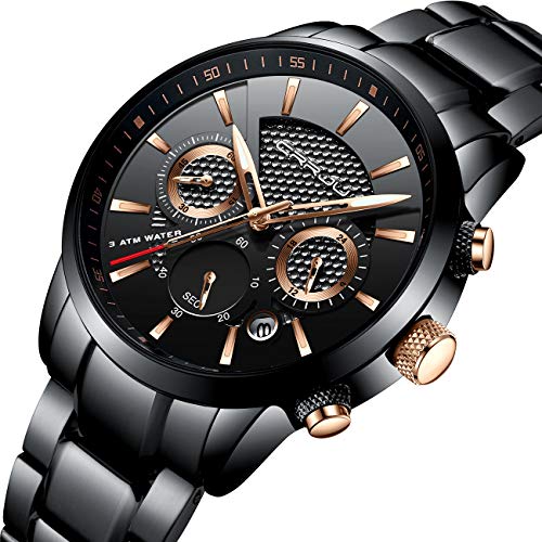 CRRJU Men's Quartz Analog Wristwatch [Business, Stainless Steel Strap, Waterproof, Chronograph] - Black/Rose Gold