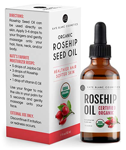 Kate Blanc Organic Rosehip Seed Oil for Face & Skin, 1 oz. USDA Certified, 100% Pure, Cold Pressed. Natural Moisturizer for Acne Scars, Hair, Skin. Therapeutic AAA+ Grade.