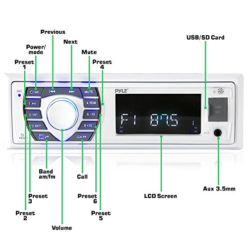 Pyle PLRMR23BTW Bluetooth Marine Receiver Stereo - 12V Single DIN, Digital LCD, RCA, MP3, USB, SD, AM FM Radio, Remote Control & Wiring Harness (White)