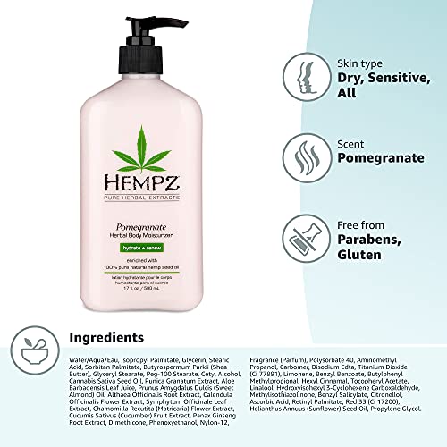 Hempz Pomegranate Herbal Moisturizer (17 oz.) - Paraben-Free Lotion for All Skin Types, Anti-Aging Hemp Skincare for Women & Men - Gluten-Free Hydrating Lotion
