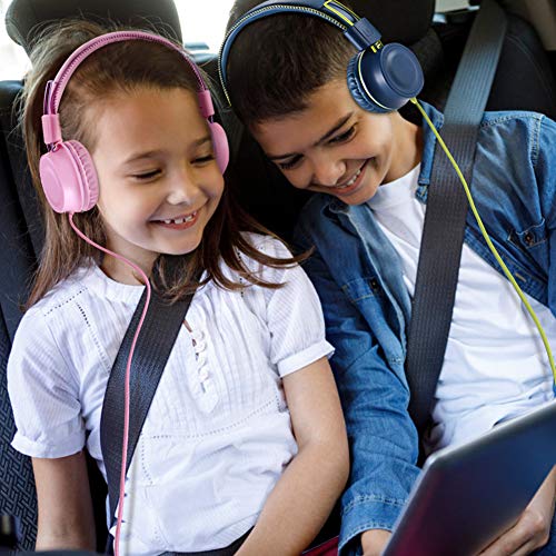 POWMEE M2 Kids Wired Foldable Stereo Headphones with Adjustable Headband, 3.5mm Jack, Tangle-Free Cord (Blue)