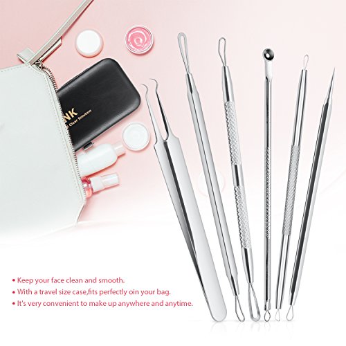 JPNK 6-Piece Comedones Extractor Acne Removal Kit (Blackhead Remover) for Popping Blemish, Whitehead, and Zit Removing on Nose and Face, Includes Leather Bag (Silver)