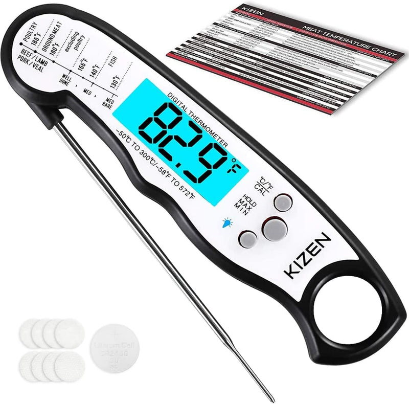 Kizen Digital Meat Thermometer (Black/White) - Wireless Probe - Instant Read for Cooking Food, Grilling, Baking, and Liquids.