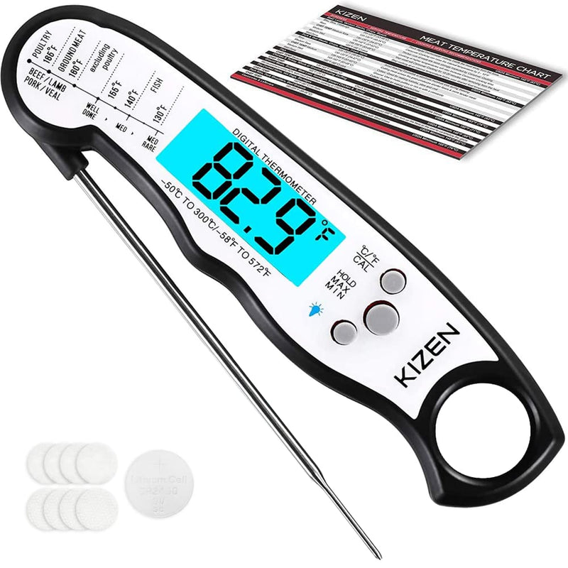 Kizen Digital Meat Thermometer (Black/White) - Wireless Probe - Instant Read for Cooking Food, Grilling, Baking, and Liquids.