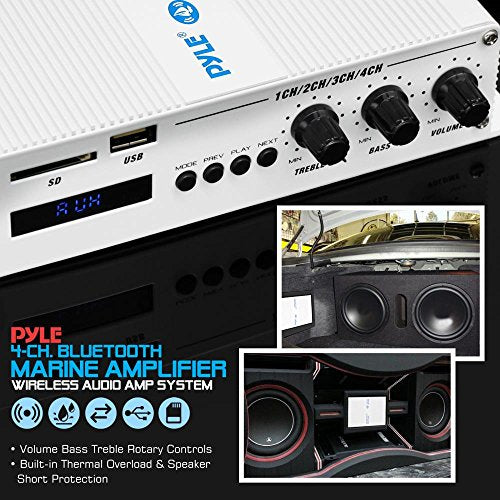 Pyle Home PFMRA450BW 400W Marine Car Audio Amplifier and Receiver - 4-Channel Bridgeable, Waterproof, Bluetooth and LCD Digital Screen.