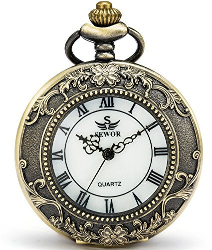 SEWOR Quartz Pocket Watch Shell Dial Magnifier Case with Leather and Metal Chain (Bronze)