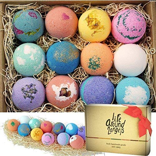 LifeAround2Angels Bath Bombs Gift Set (12 USA-Made Fizzies) with Shea & Coco Butter, Moisturizes Dry Skin. Perfect for Bubble & Spa Bath. Handmade Birthday and Mother's Day Gift Idea for Her/Him, Wife, Girlfriend.