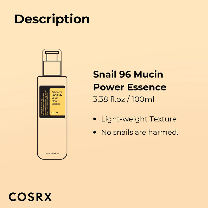 COSRX Snail Mucin 96% Power Repairing Essence 3.38 fl.oz, 100ml, Hydrating Serum for Face with Snail Secretion Filtrate for Dull and Damaged Skin, Not Tested on Animals, No Parabens, Korean Skincare