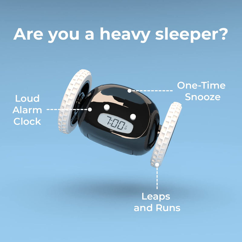 Clocky Alarm Clock on Wheels (Original) | Extra Loud for Heavy Sleepers | Robot Clockie for Adults and Kids | Funny, Rolling, Run-away, Moving, Jumping (Black)