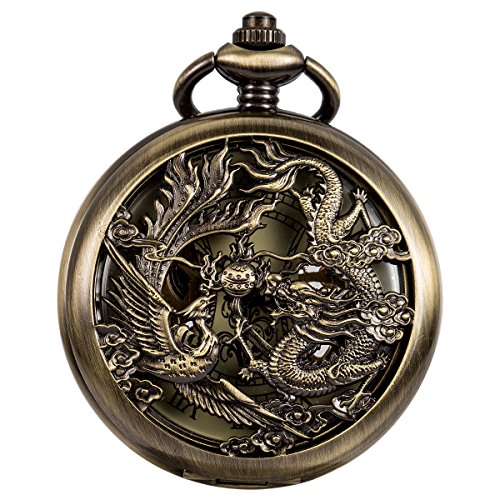 SIBOSUN Men's Mechanical Pocket Watch with Lucky Phoenix and Dragon, Skeleton Dial and Antique Roman Numerals (Black Box)