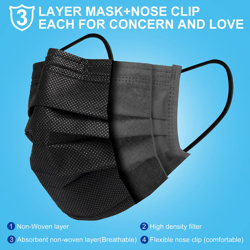 Black Disposable Face Masks (100 Pack), 3 Ply Filter Protection